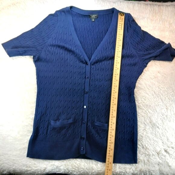 Talbots Prima Cotton Cable Knit Button Down Sweater Short Sleeve V-NECK Blue L.. - Picture 7 of 8